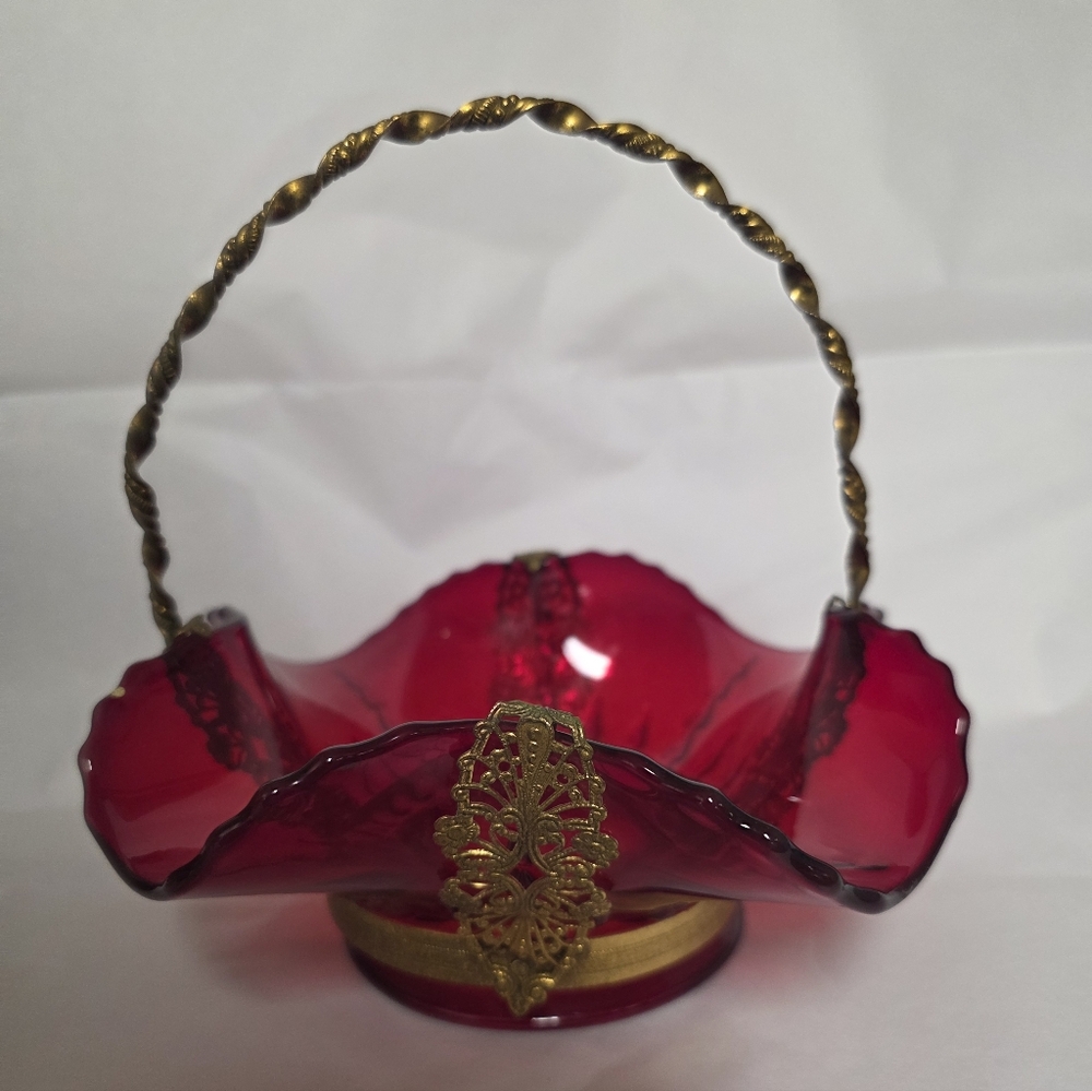 New Martinsville Vintage Radiance Red Glass Bridal Basket with Ormolu Mount